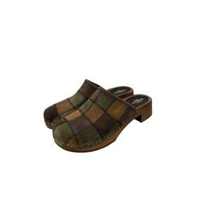 Swedish Hasbeens Suede Patchwork Clogs Brown Green Boho Earthy Forest Fairy 9/39